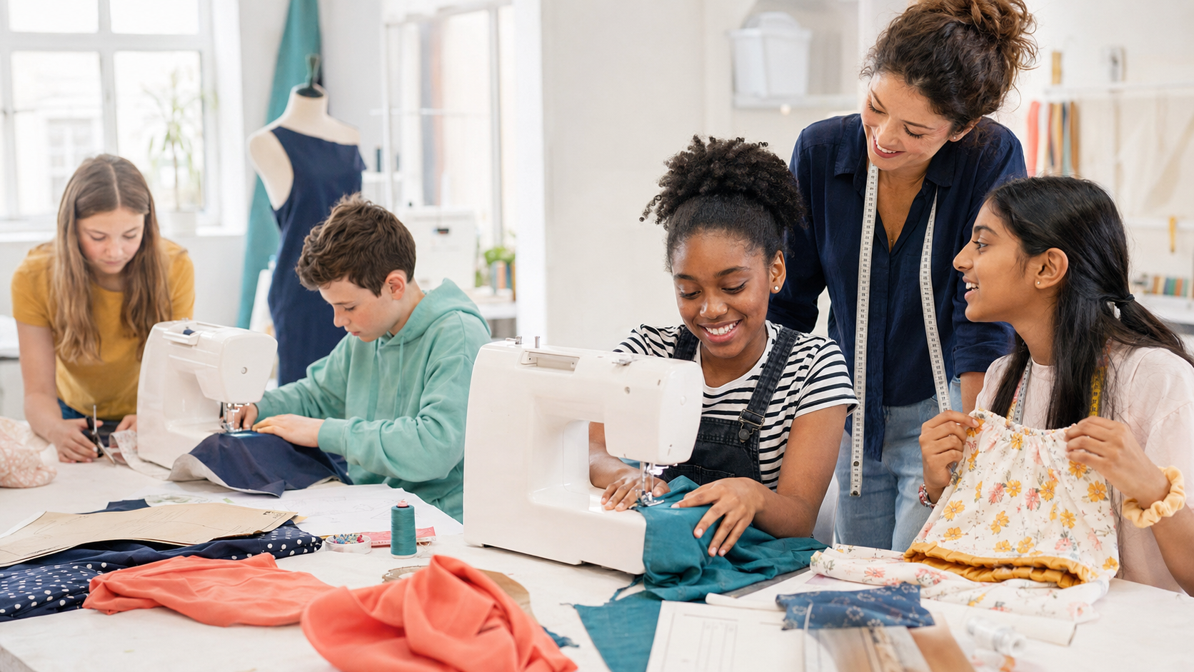 A diverse group of young makers learning sewing together